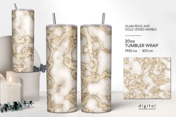 Beige Marble Gold Veins Tumbler Wrap PNG