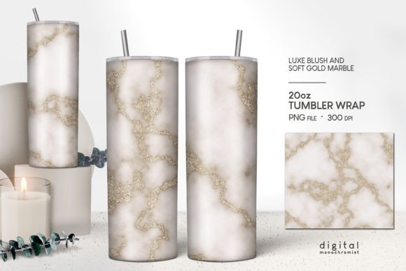 Blush Soft Gold Marble Tumbler Wrap PNG