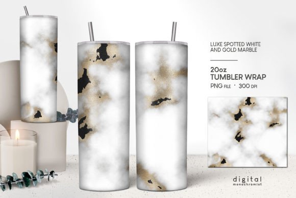 White Marble W Gold Black Tumbler PNG